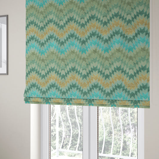 Geometric Kilim Pattern Inspired Cut Velvet Material Teal Beige Coloured Upholstery Fabric JO-281 - Roman Blinds