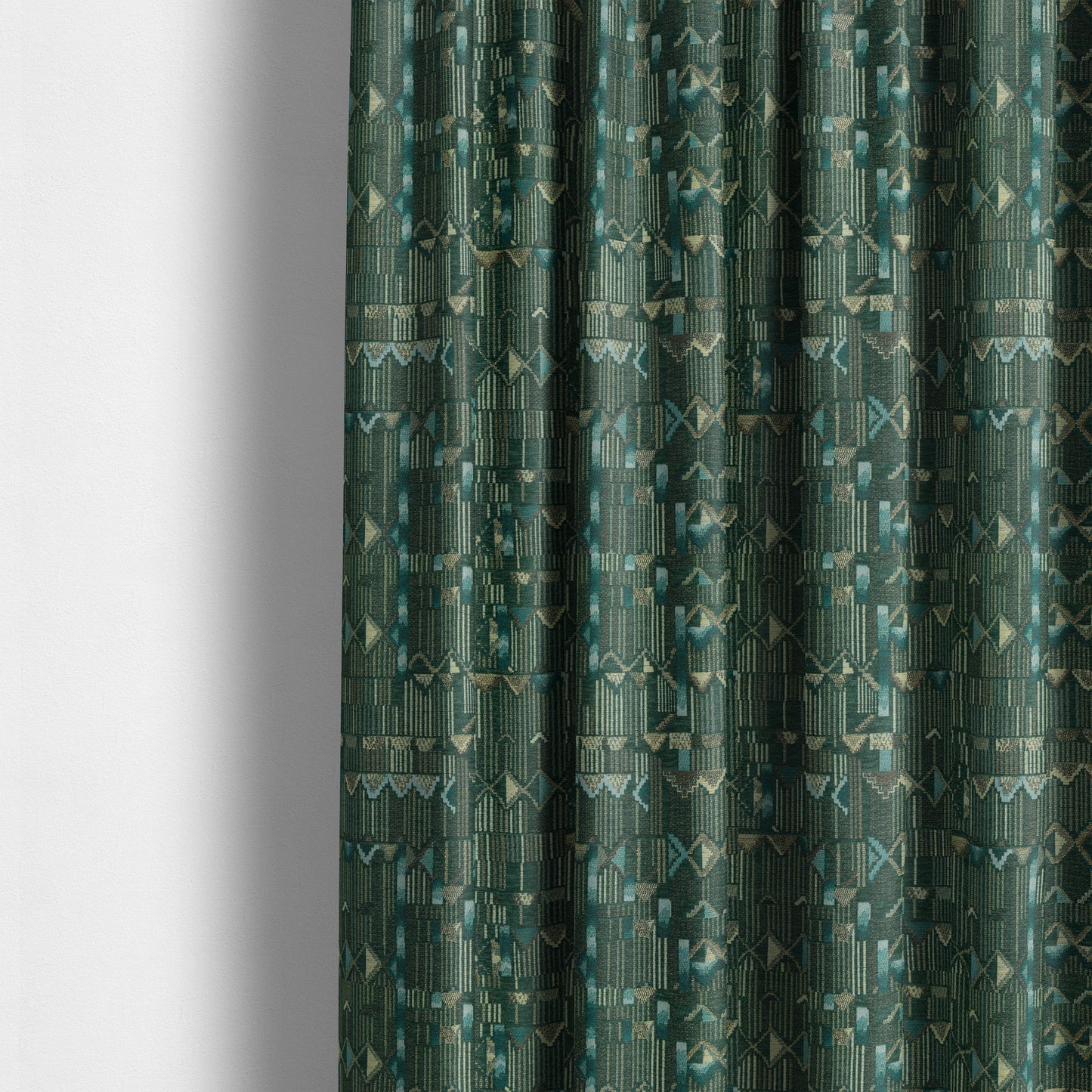 Tribal Theme Of Geometric Patterns Blue Green Gold Coloured Chenille Material Fabric JO-284 - Made To Measure Curtains