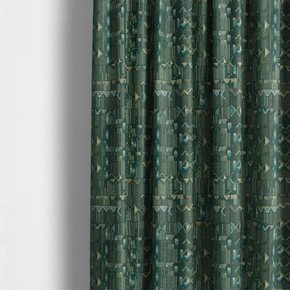 Tribal Theme Of Geometric Patterns Blue Green Gold Coloured Chenille Material Fabric JO-284 - Made To Measure Curtains