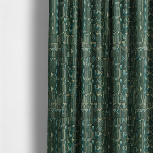 Tribal Theme Of Geometric Patterns Blue Green Gold Coloured Chenille Material Fabric JO-284 - Made To Measure Curtains