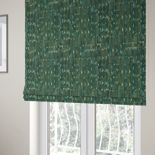 Tribal Theme Of Geometric Patterns Blue Green Gold Coloured Chenille Material Fabric JO-284 - Roman Blinds