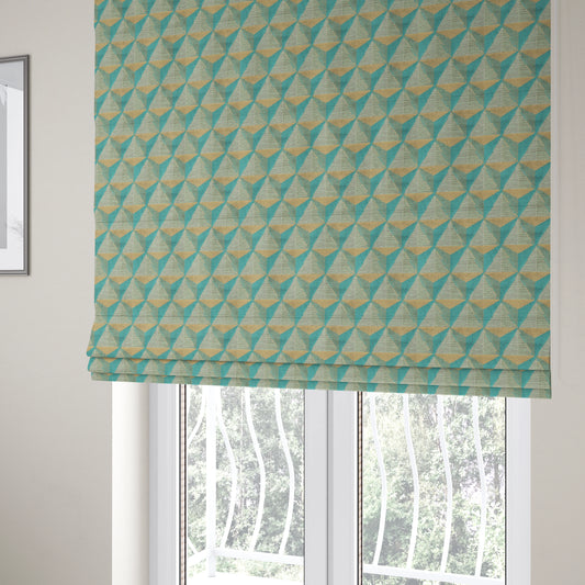 Geometric Pyramid Pattern Inspired Cut Velvet Material Teal Beige Coloured Upholstery Fabric JO-285 - Roman Blinds