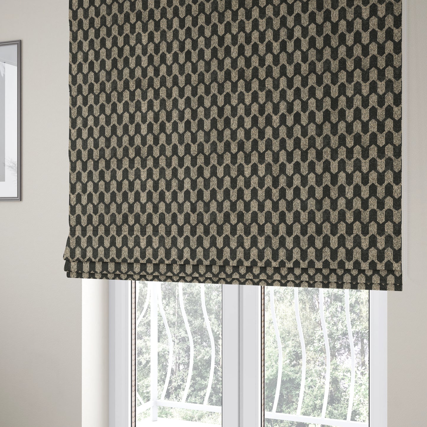 Lomasi Metallic Tones Fabric Silver Black Colour Geometric Woven Pattern Furnishing Fabric JO-291 - Roman Blinds