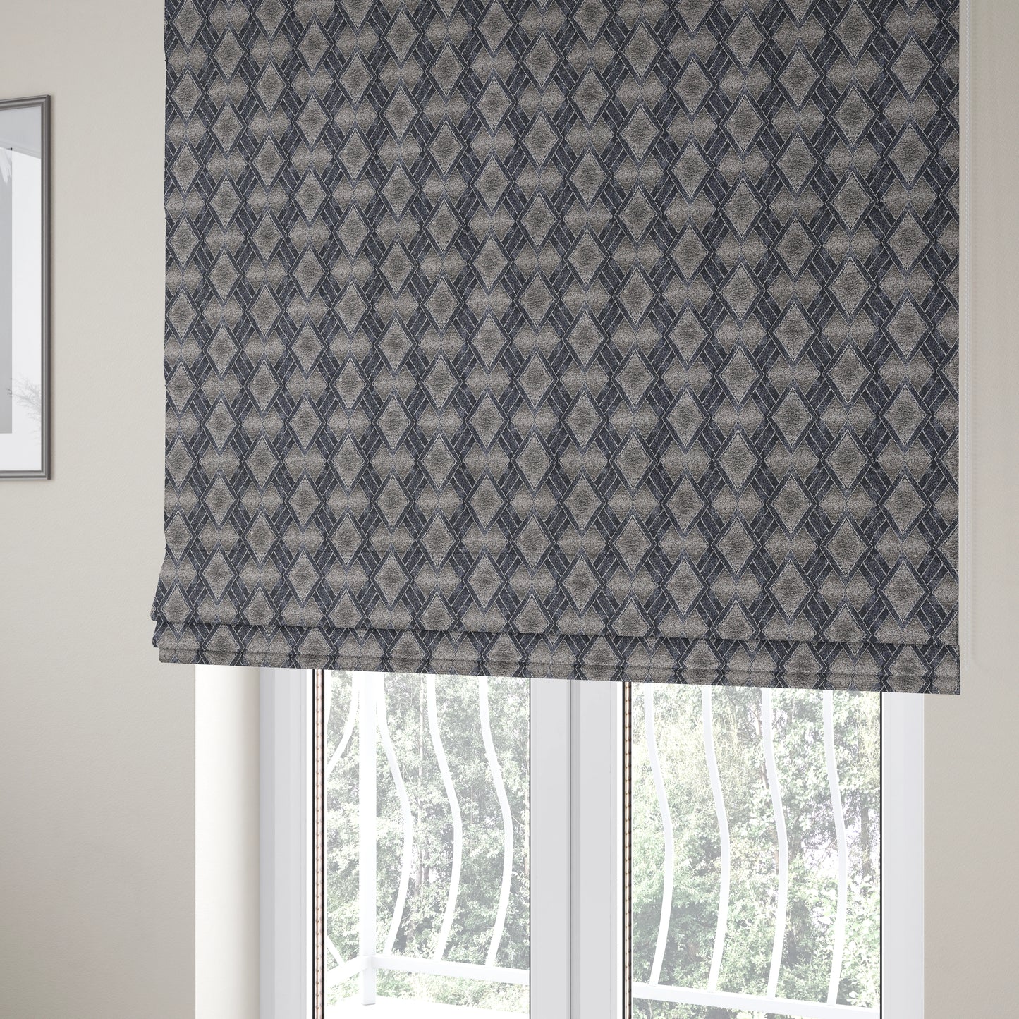 Elwin Decorative Weave Grey Navy Blue Colour Geometric Hexagon Pattern Jacquard Fabric JO-296 - Roman Blinds