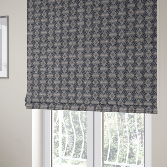 Elwin Decorative Weave Grey Navy Blue Colour Geometric Hexagon Pattern Jacquard Fabric JO-296 - Roman Blinds