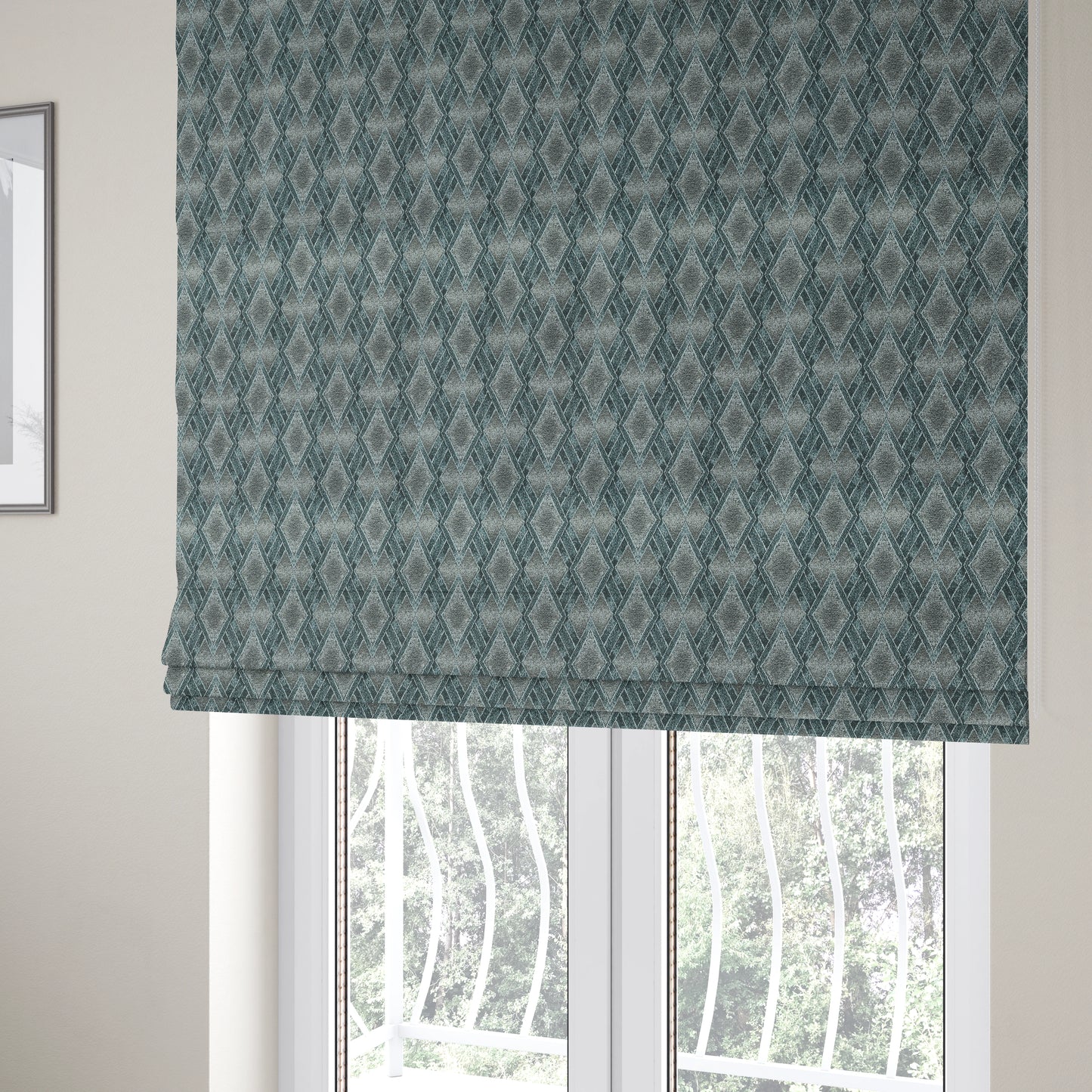 Elwin Decorative Weave Grey Teal Blue Colour Geometric Hexagon Pattern Jacquard Fabric JO-298 - Roman Blinds