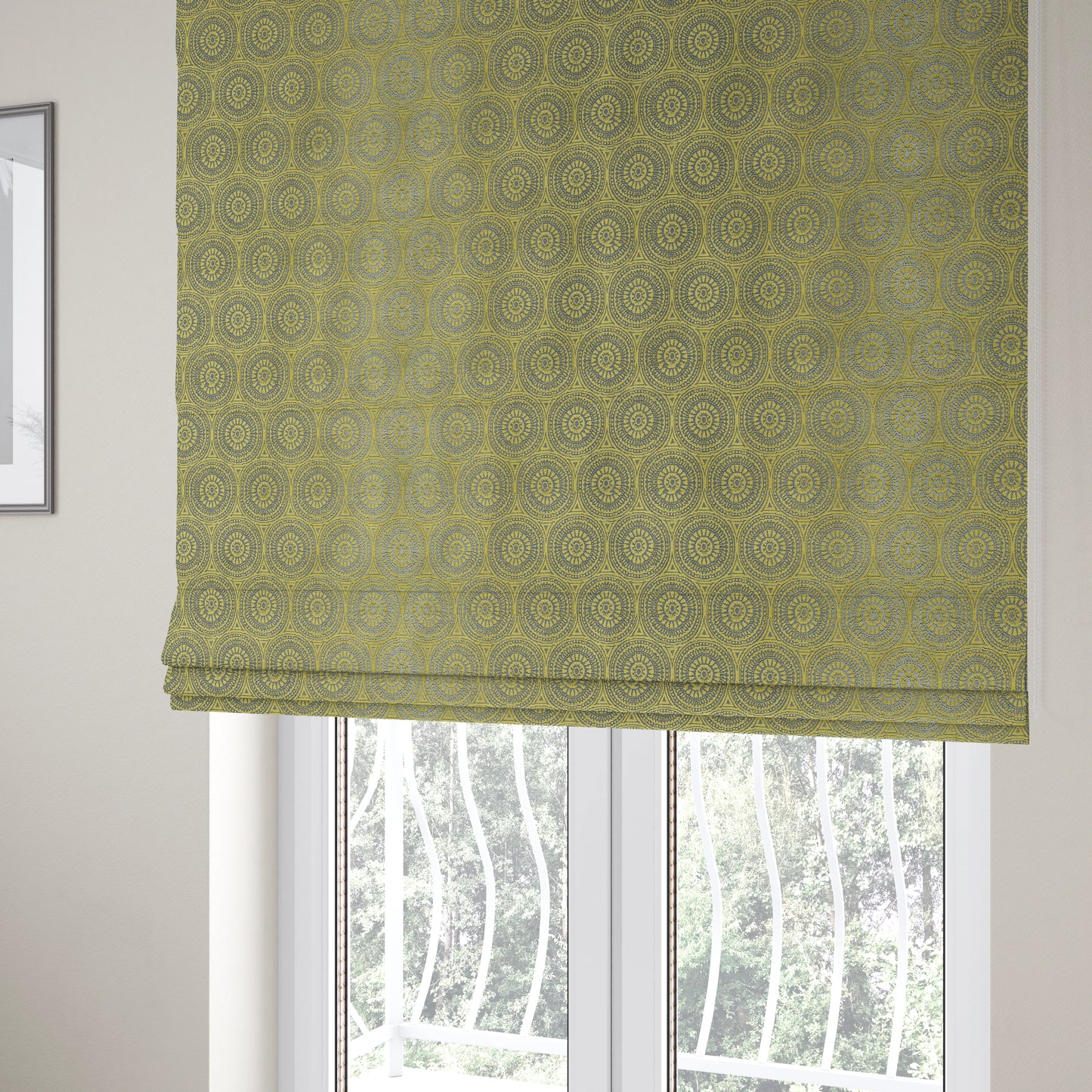 Azima Modern Planet Round Pattern Green Silver Shine Upholstery Fabric JO-306 - Roman Blinds