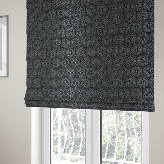 Azima Modern Planet Round Pattern Black Silver Shine Upholstery Fabric JO-308 - Roman Blinds