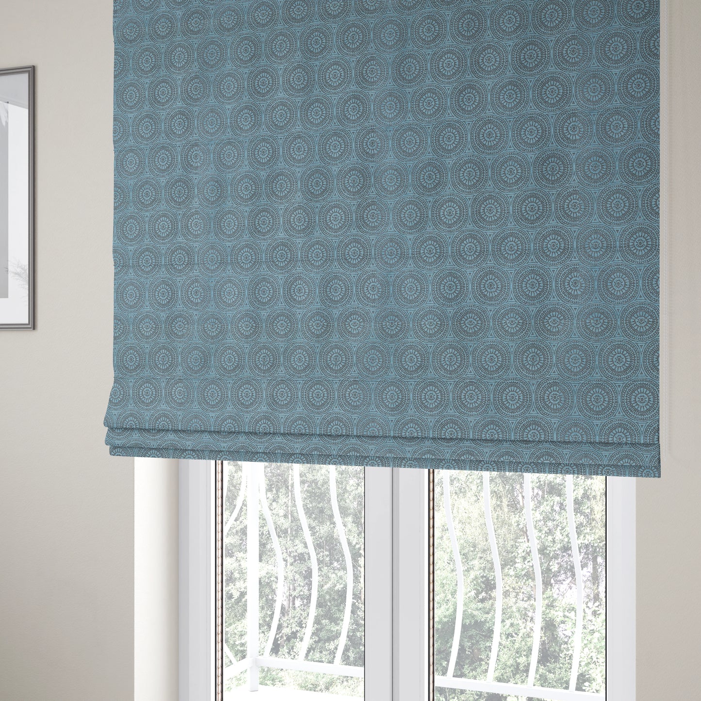 Azima Modern Planet Round Pattern Light Blue Silver Shine Upholstery Fabric JO-310 - Roman Blinds