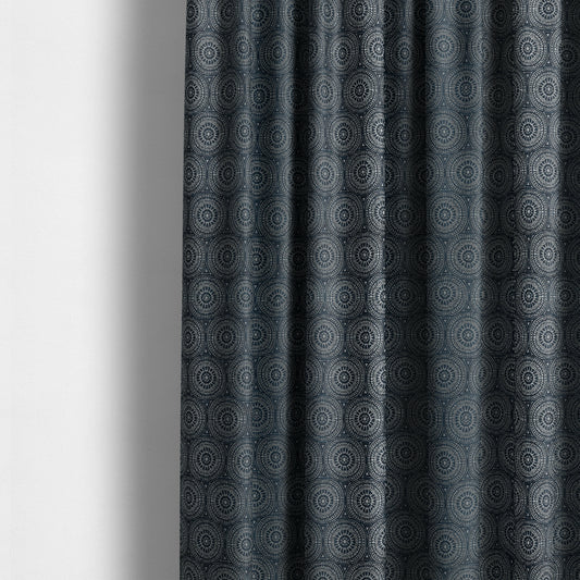 Azima Modern Planet Round Pattern Navy Blue Silver Shine Upholstery Fabric JO-313 - Made To Measure Curtains