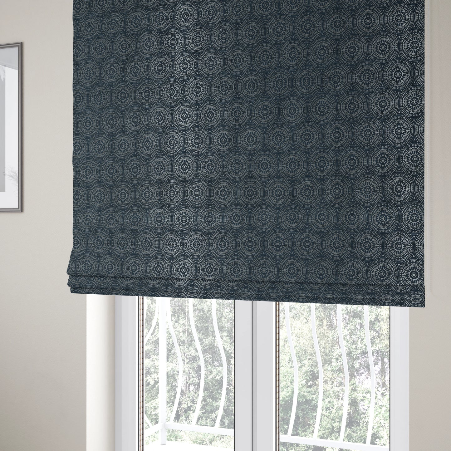 Azima Modern Planet Round Pattern Navy Blue Silver Shine Upholstery Fabric JO-313 - Roman Blinds