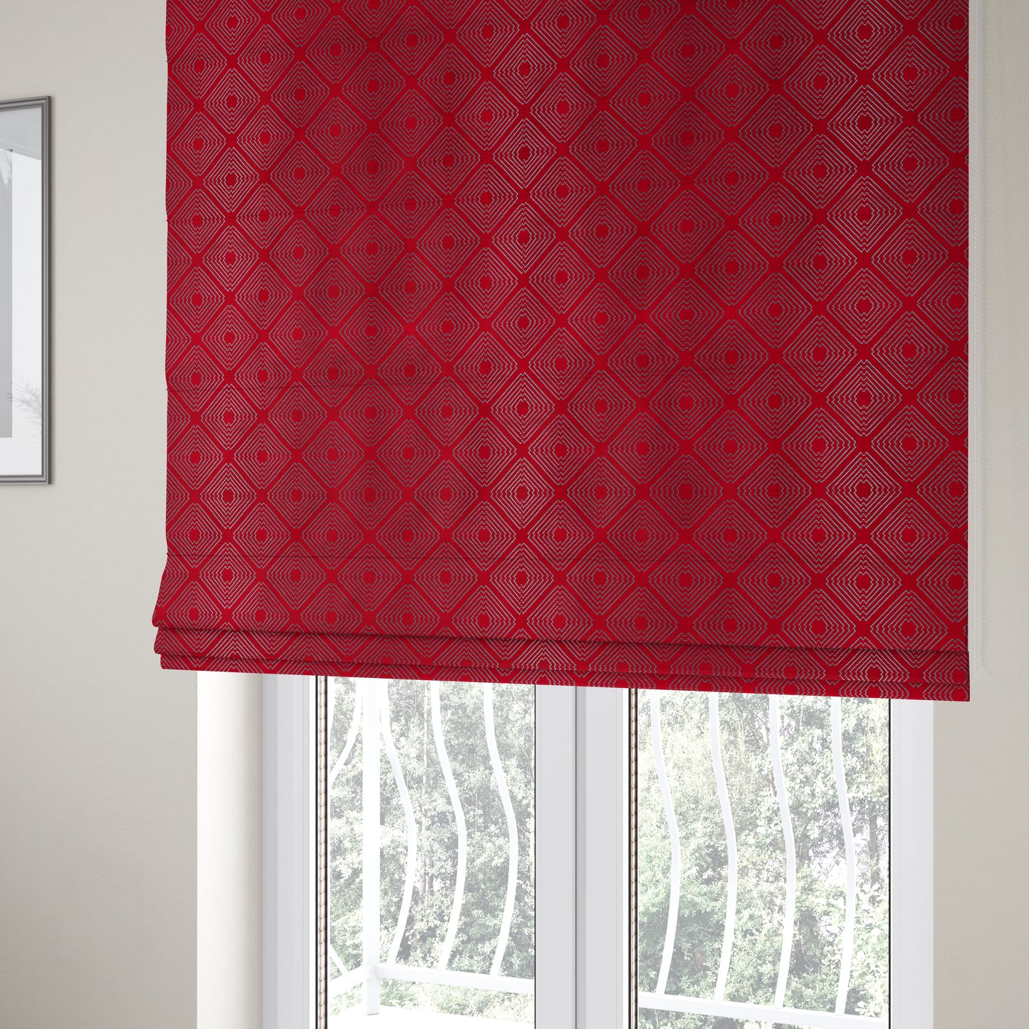 Azima Modern Sharp Geometric Pattern Red Silver Shine Upholstery Fabric JO-316 - Roman Blinds