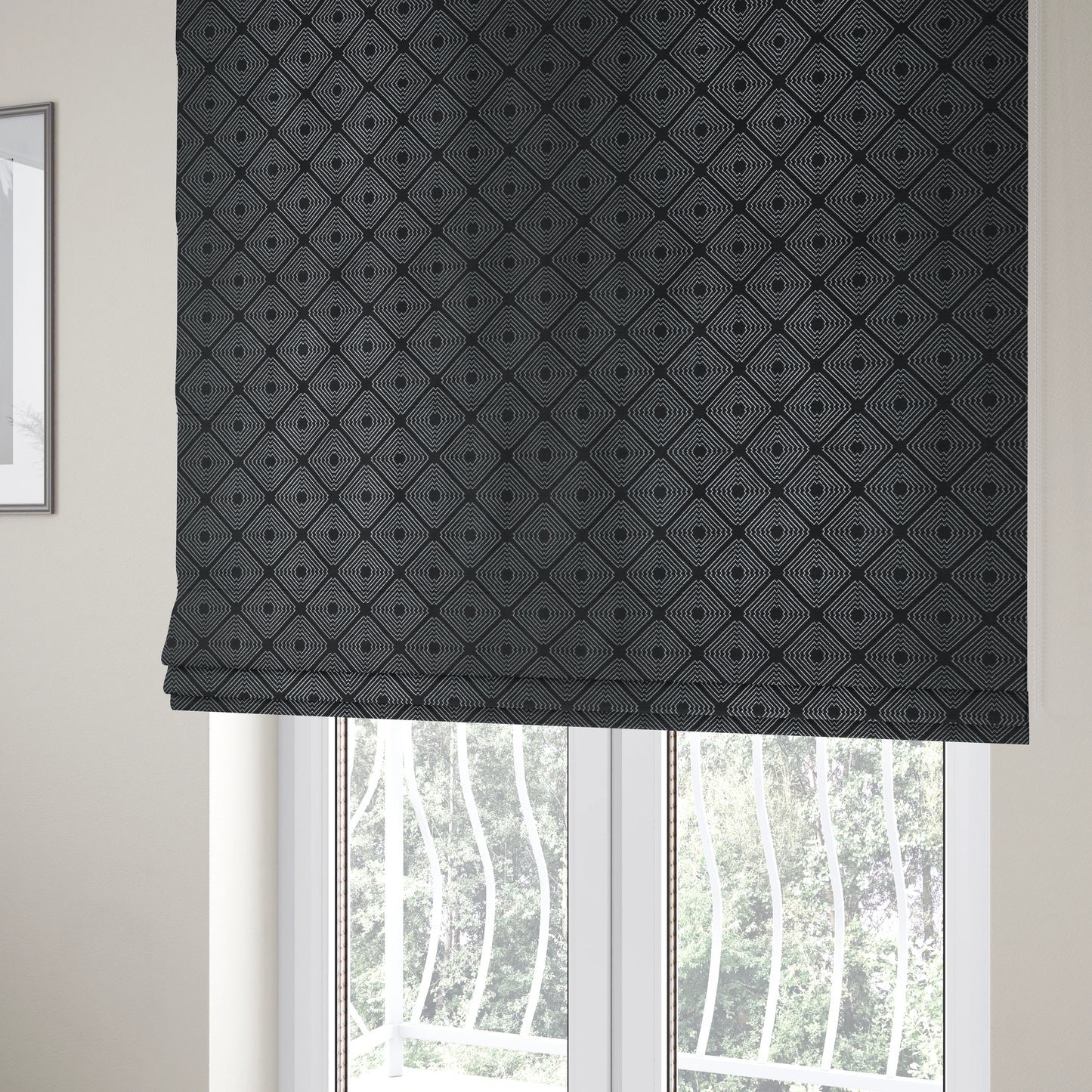 Azima Modern Sharp Geometric Pattern Black Silver Shine Upholstery Fabric JO-321 - Roman Blinds