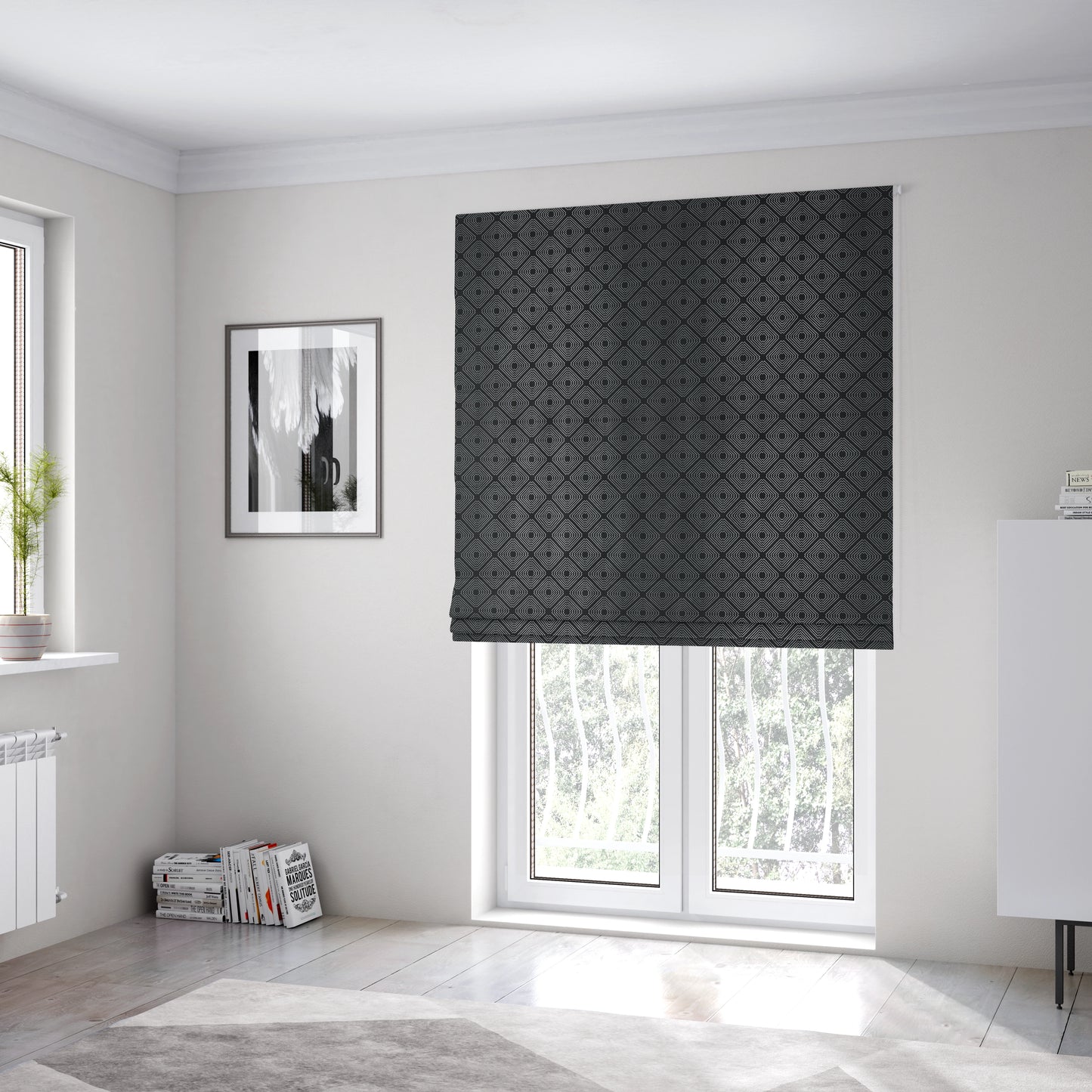 Azima Modern Sharp Geometric Pattern Black Silver Shine Upholstery Fabric JO-321 - Roman Blinds