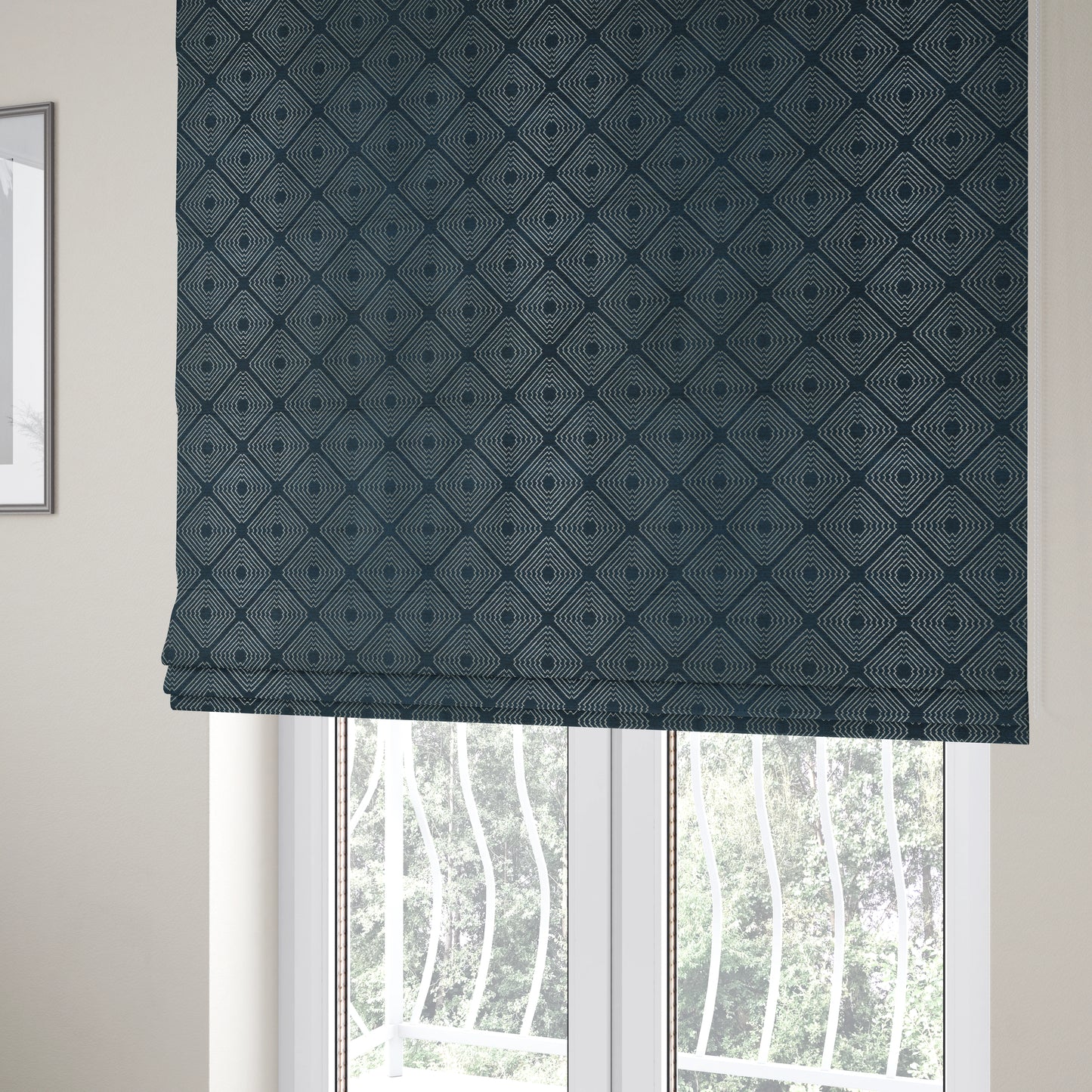 Azima Modern Sharp Geometric Pattern Navy Blue Silver Shine Upholstery Fabric JO-322 - Roman Blinds