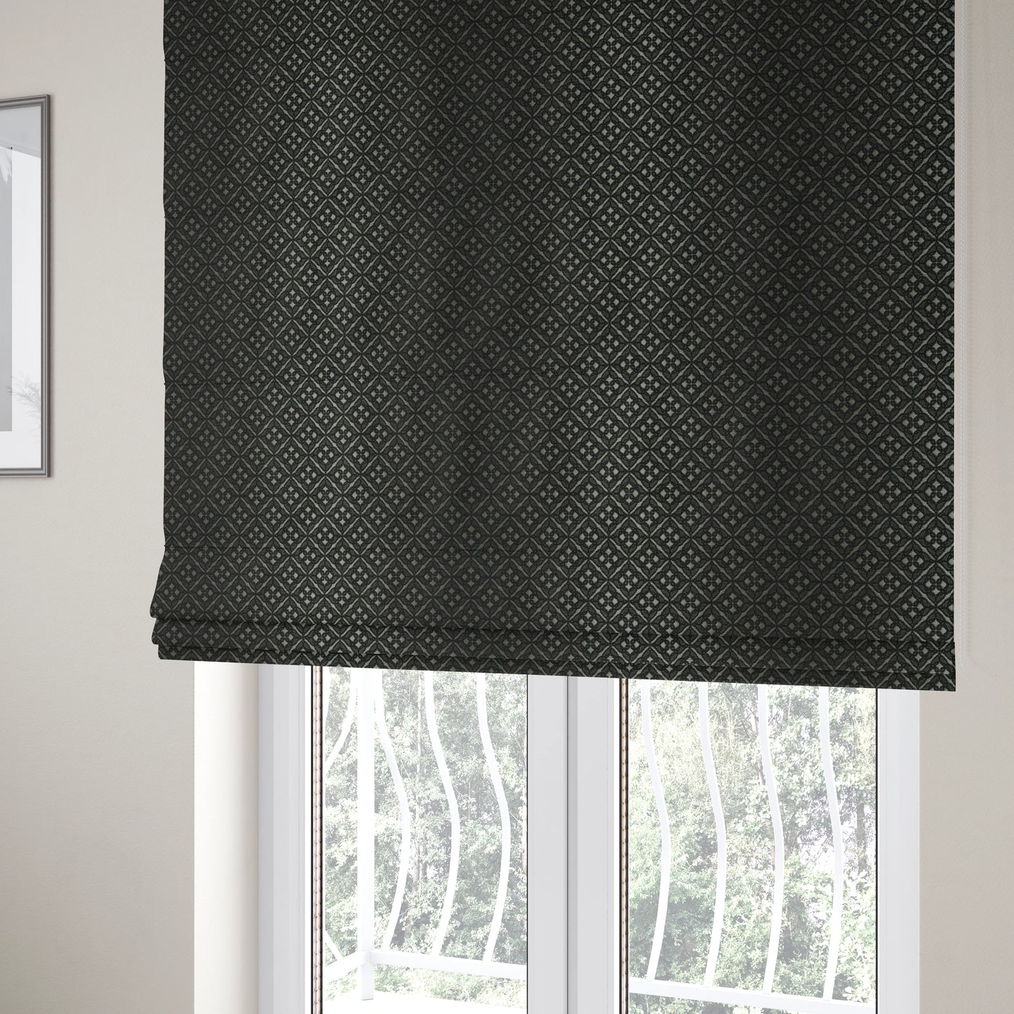 Azima Small Medallion Geometric Pattern Black Silver Shine Upholstery Fabric JO-334 - Roman Blinds