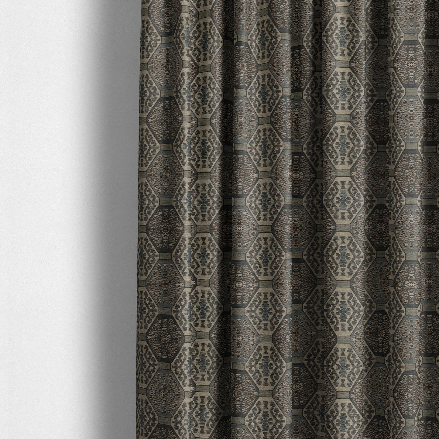 Mirador Medallion Pattern In Navy Blue Brown Colour Interior Fabrics JO-347 - Made To Measure Curtains