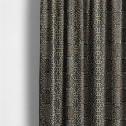 Mirador Medallion Pattern In Navy Blue Brown Colour Interior Fabrics JO-347 - Made To Measure Curtains