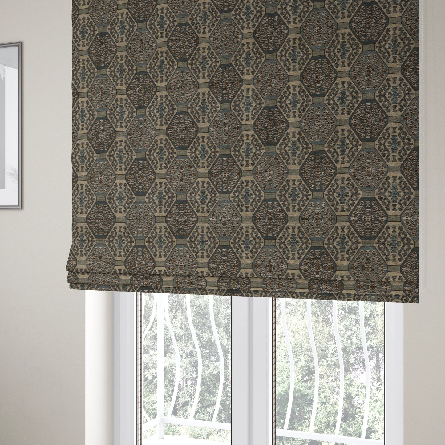 Mirador Medallion Pattern In Navy Blue Brown Colour Interior Fabrics JO-347 - Roman Blinds