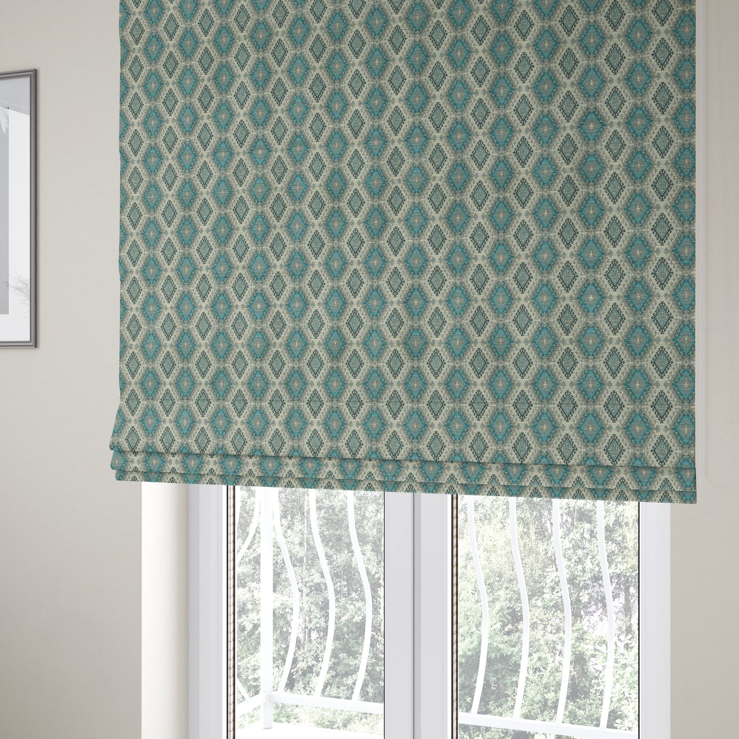 Juanita Small Motif Diamond Pattern In Blue Colour Interior Designer Fabrics JO-354 - Roman Blinds