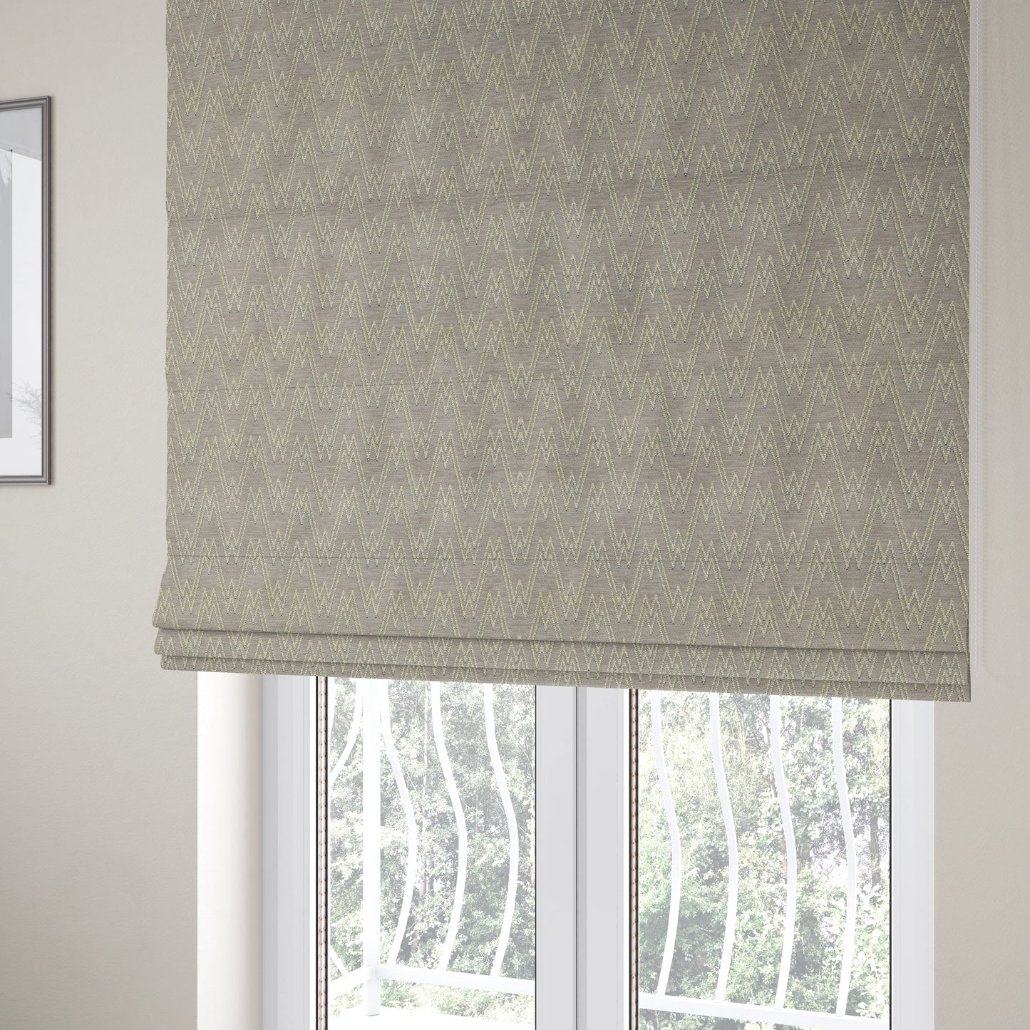 Marlow Woven Designer Chevron Striped Pattern In Silver Cream Interior Fabric JO-371F - Roman Blinds