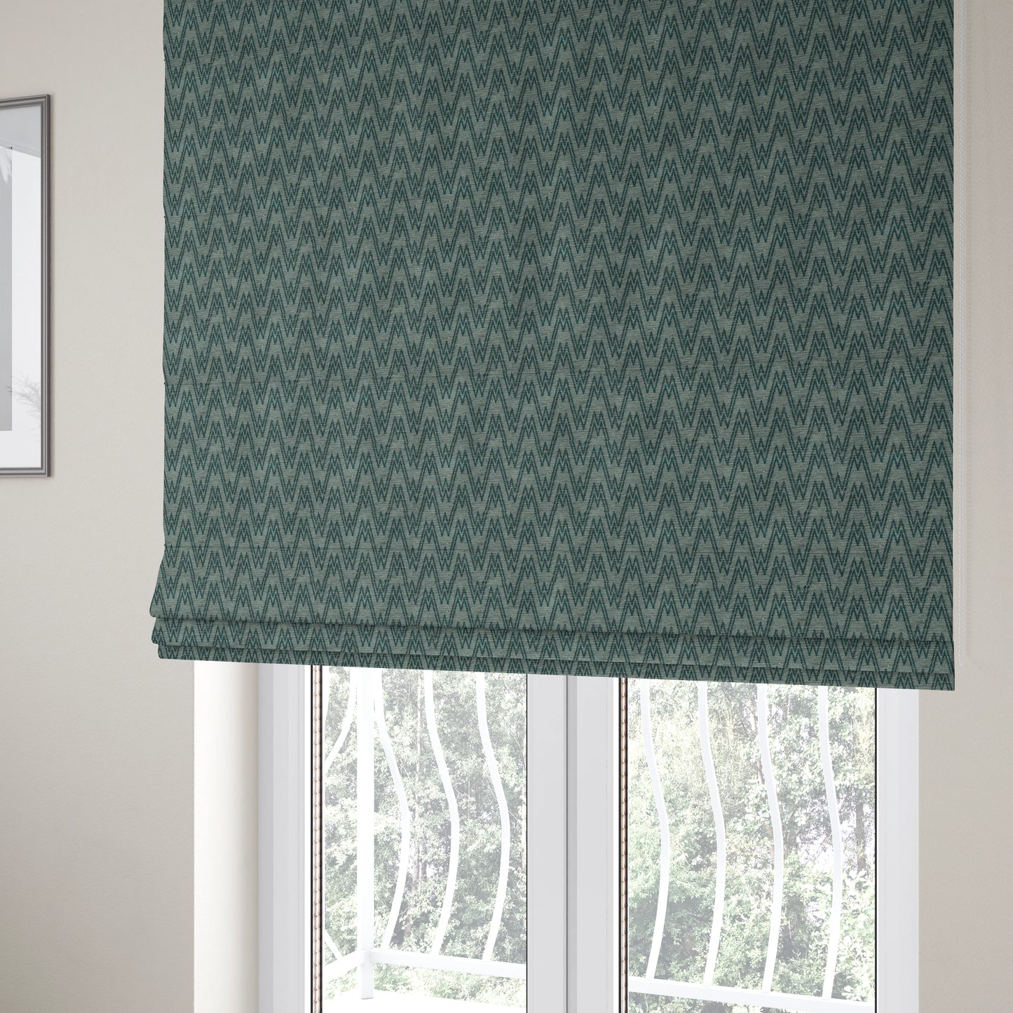 Marlow Woven Designer Chevron Striped Pattern In Grey Teal Interior Fabric JO-374 - Roman Blinds