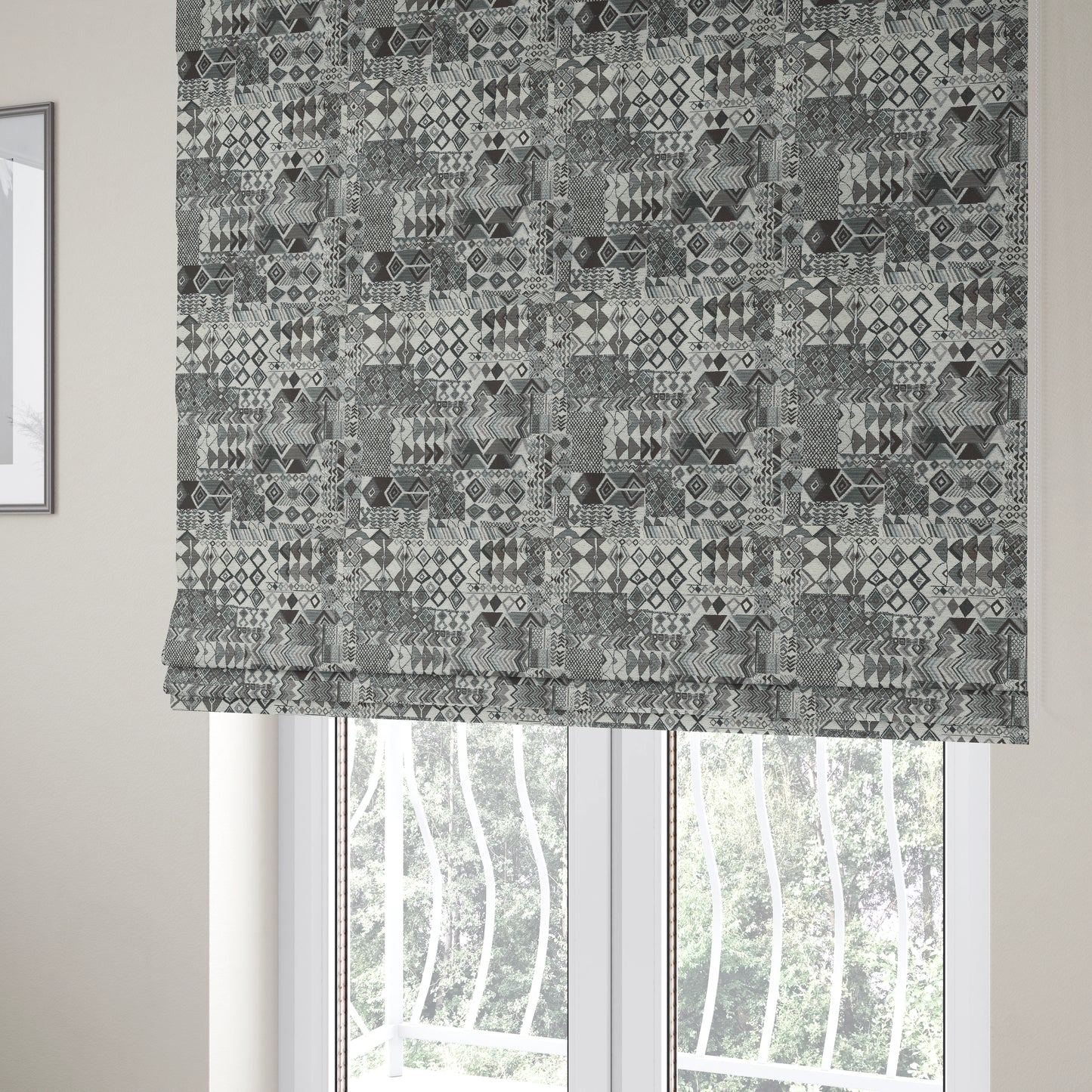 Madagascar African Tribal Inspired Grey Patchwork Small Motifs Pattern Interior Fabrics JO-378 - Roman Blinds