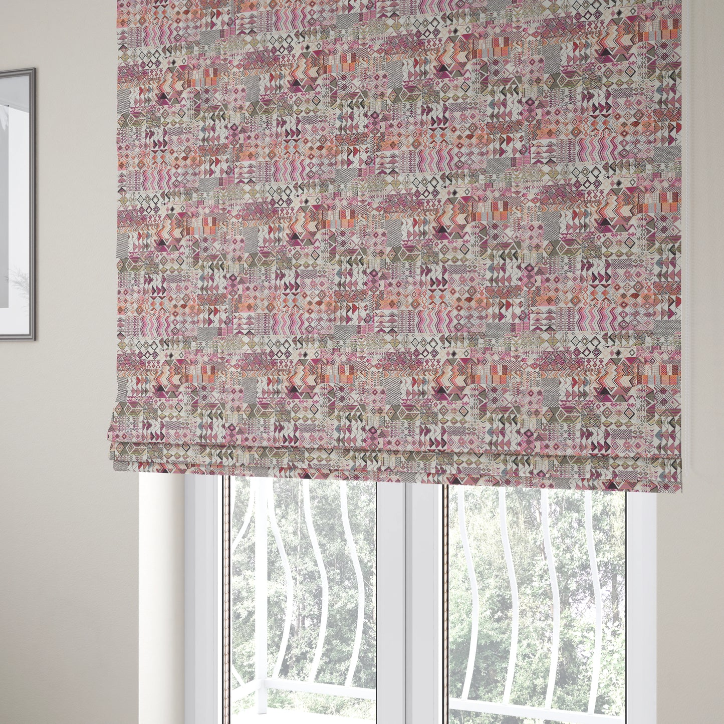 Madagascar African Tribal Inspired Pink Patchwork Small Motifs Pattern Interior Fabrics JO-380 - Roman Blinds