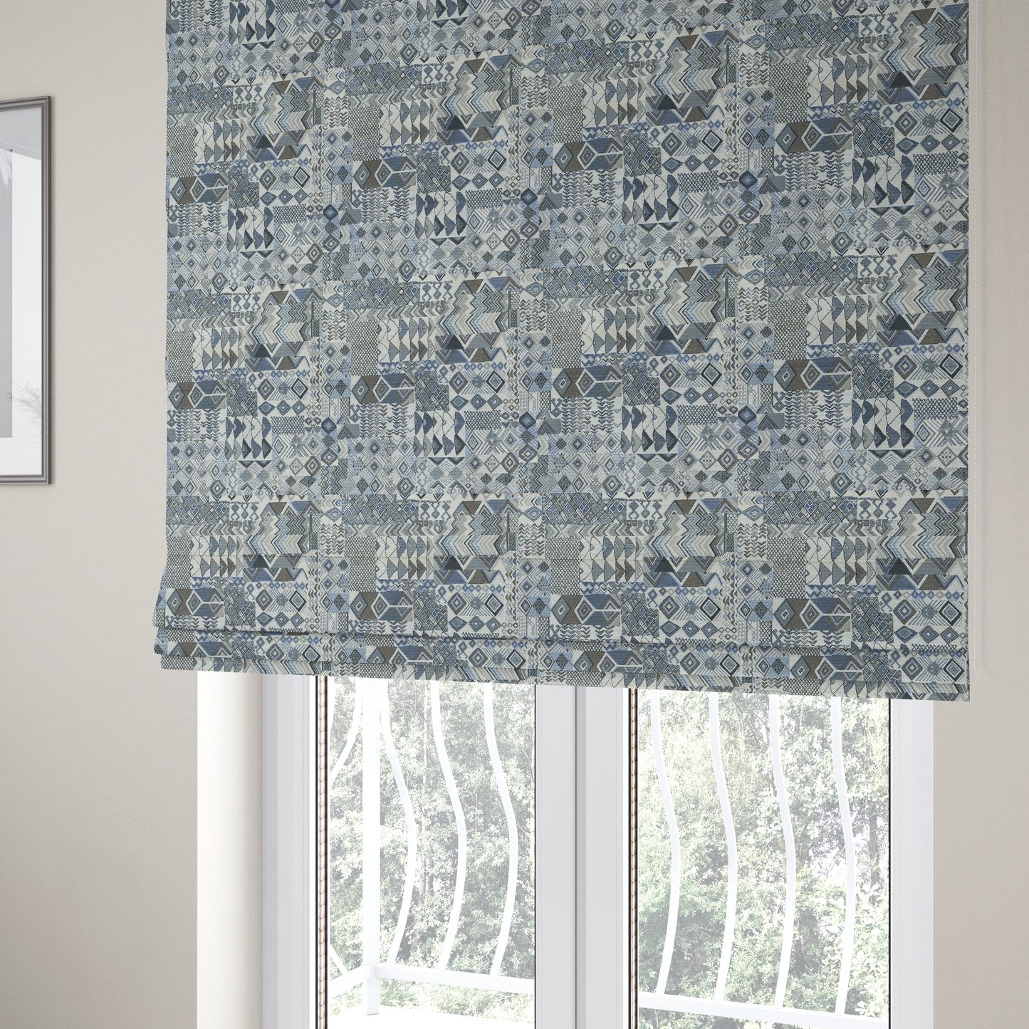 Madagascar African Tribal Inspired Blue Patchwork Small Motifs Pattern Interior Fabrics JO-381 - Roman Blinds