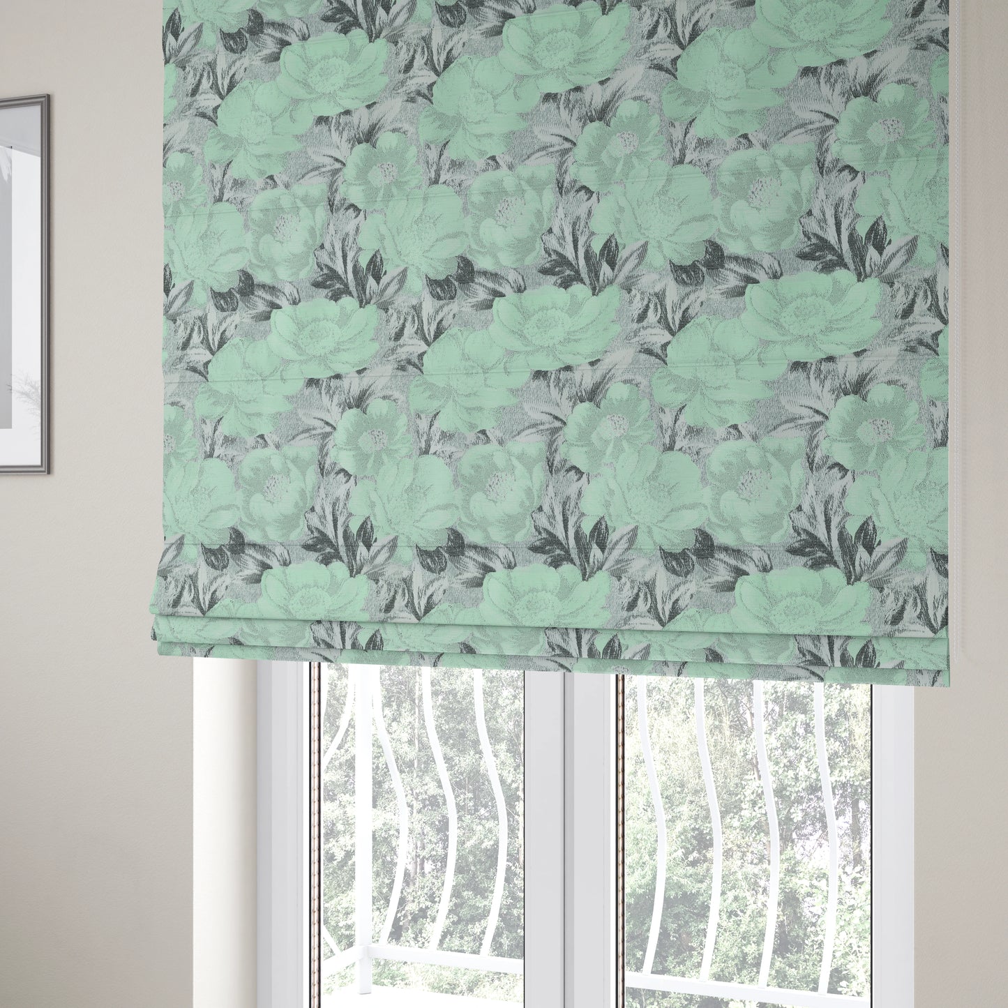 Bloomsbury Floral Pattern Weaves Shiny Aqua Green Quality Furnishing Fabric JO-383 - Roman Blinds