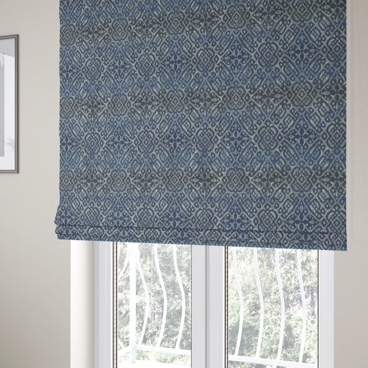 Lomasi Metallic Tones Fabric Steel Blue Portuguese Medallion Pattern Designer Fabric JO-396 - Roman Blinds