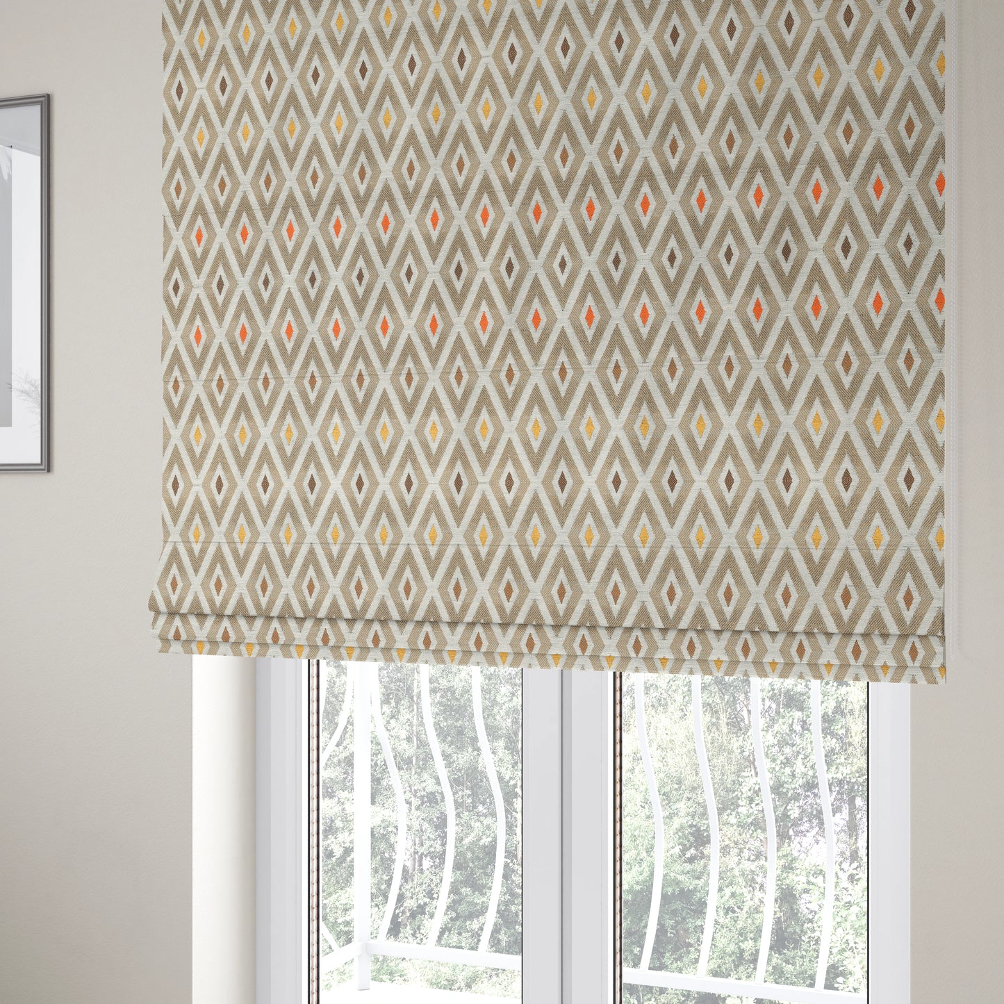 Uzbek Decorative Geometric Diamond Design Brown White Yellow Orange Colour Soft Chenille Upholstery Fabric JO-402 - Roman Blinds