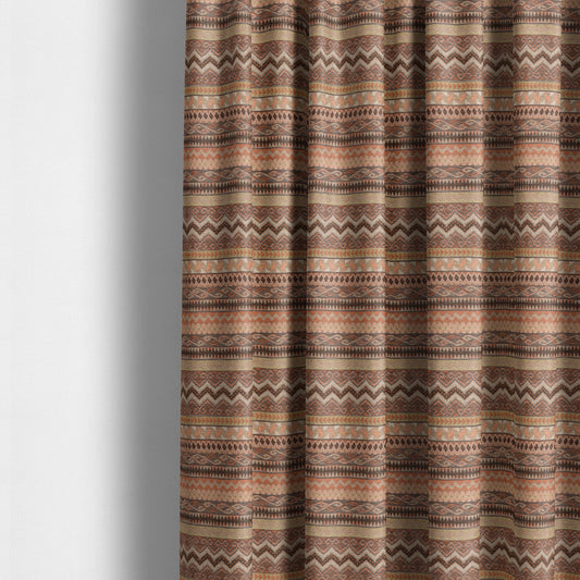 Maasai African Aztec Inspired Small Motif Striped Pattern Brown Orange Colour Furnishing Fabric JO-409 - Made To Measure Curtains