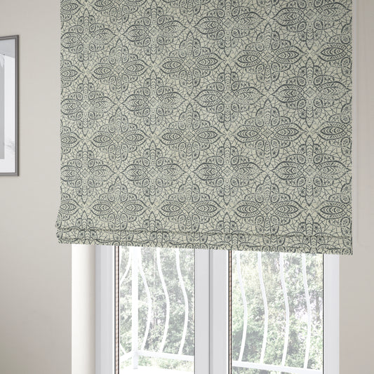 Voyage Designer Medallion Pattern In Cream Grey Pattern Soft Chenille Upholstery Fabric JO-421 - Roman Blinds