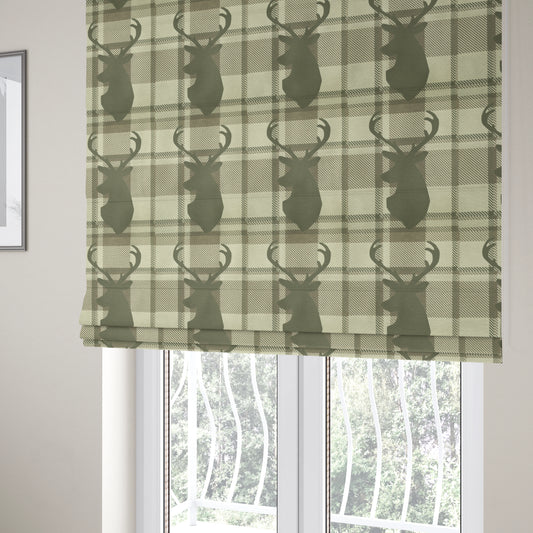 Brown Beige Stag Head Animal On Background Checked Pattern Soft Woven Quality Upholstery Fabric JO-434 - Roman Blinds