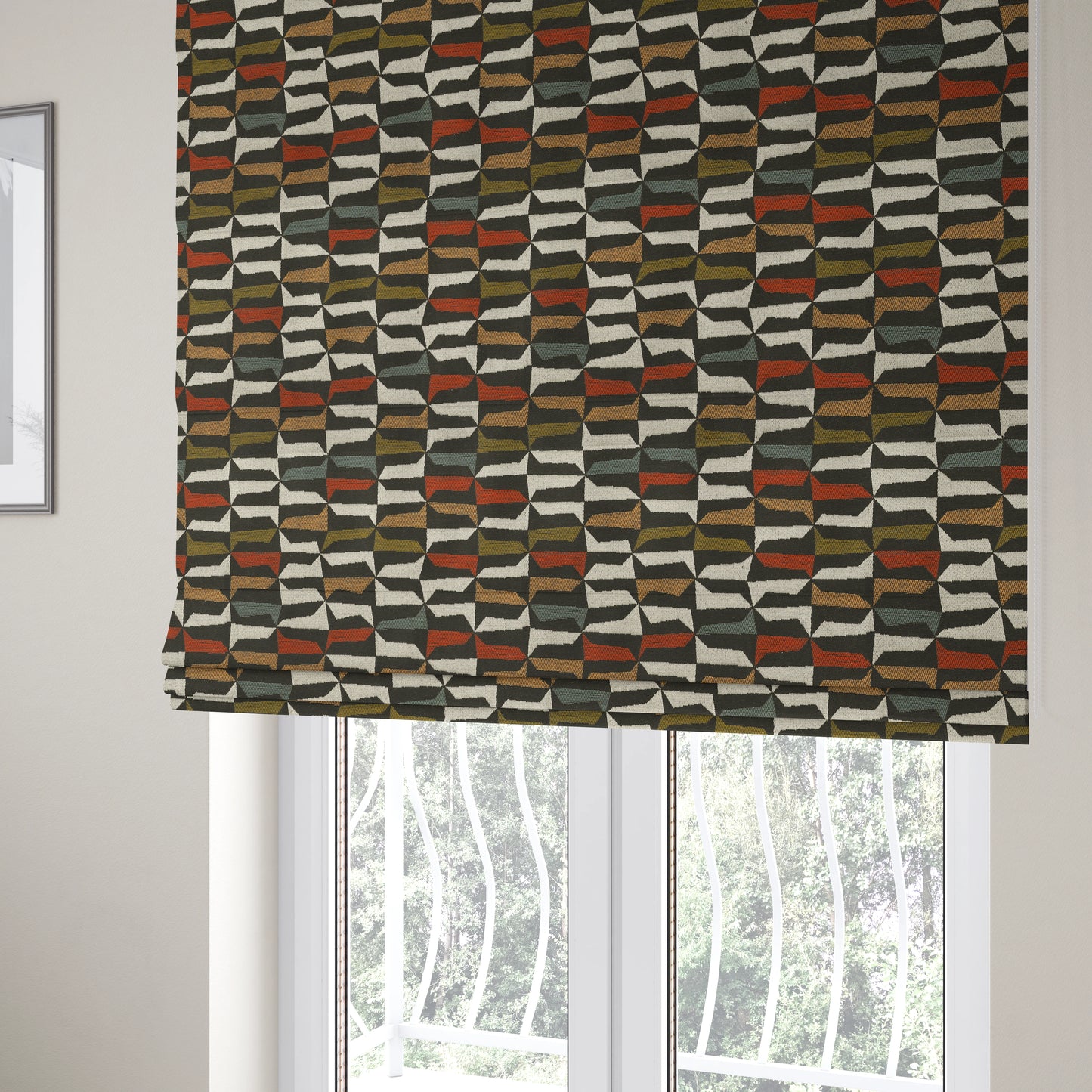 Black White Blue Orange Yellow Green Colours Geometric Design Soft Chenille Upholstery Fabric JO-435 - Roman Blinds