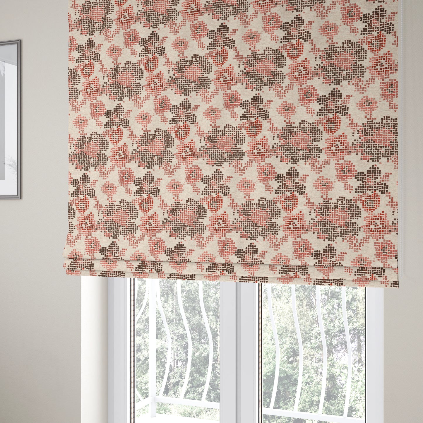 Reminiscence Floral Collection Red Colour Geometric Pattern Chenille Upholstery Fabric JO-439 - Roman Blinds