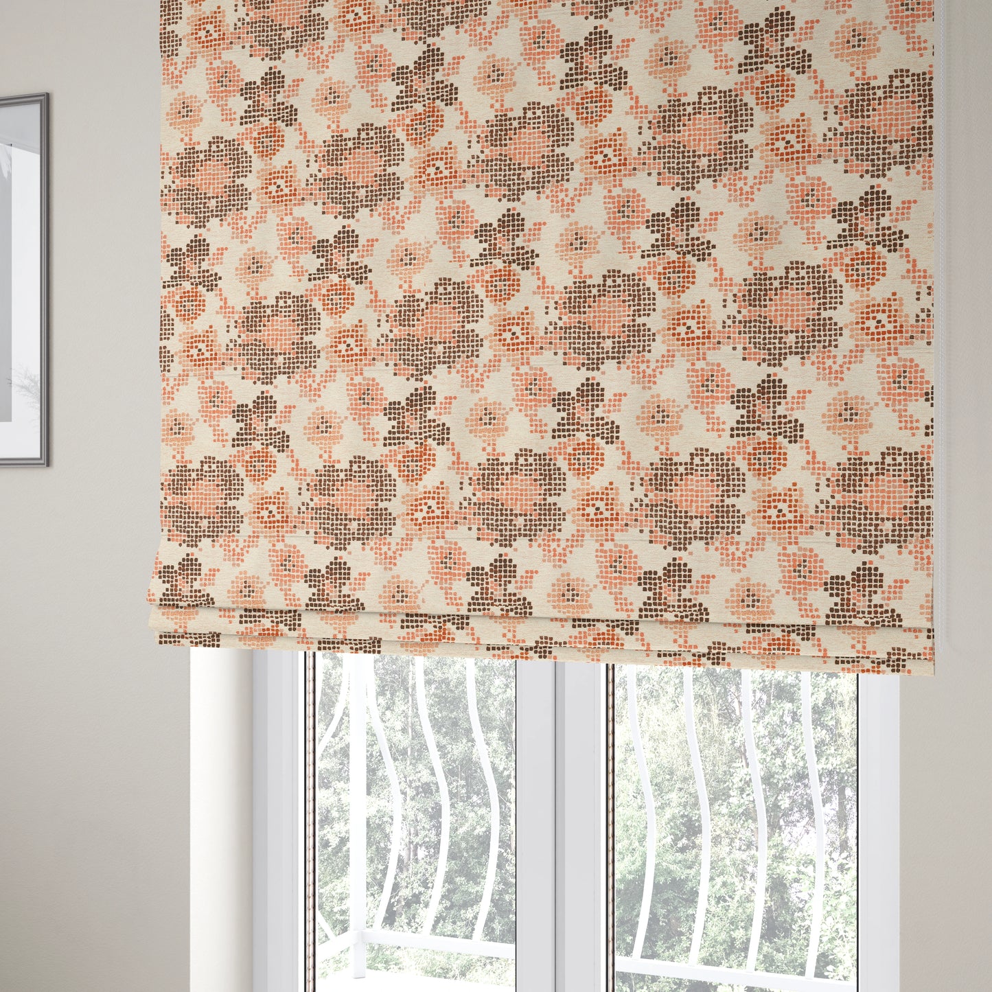 Reminiscence Floral Collection Orange Colour Geometric Pattern Chenille Upholstery Fabric JO-440 - Roman Blinds