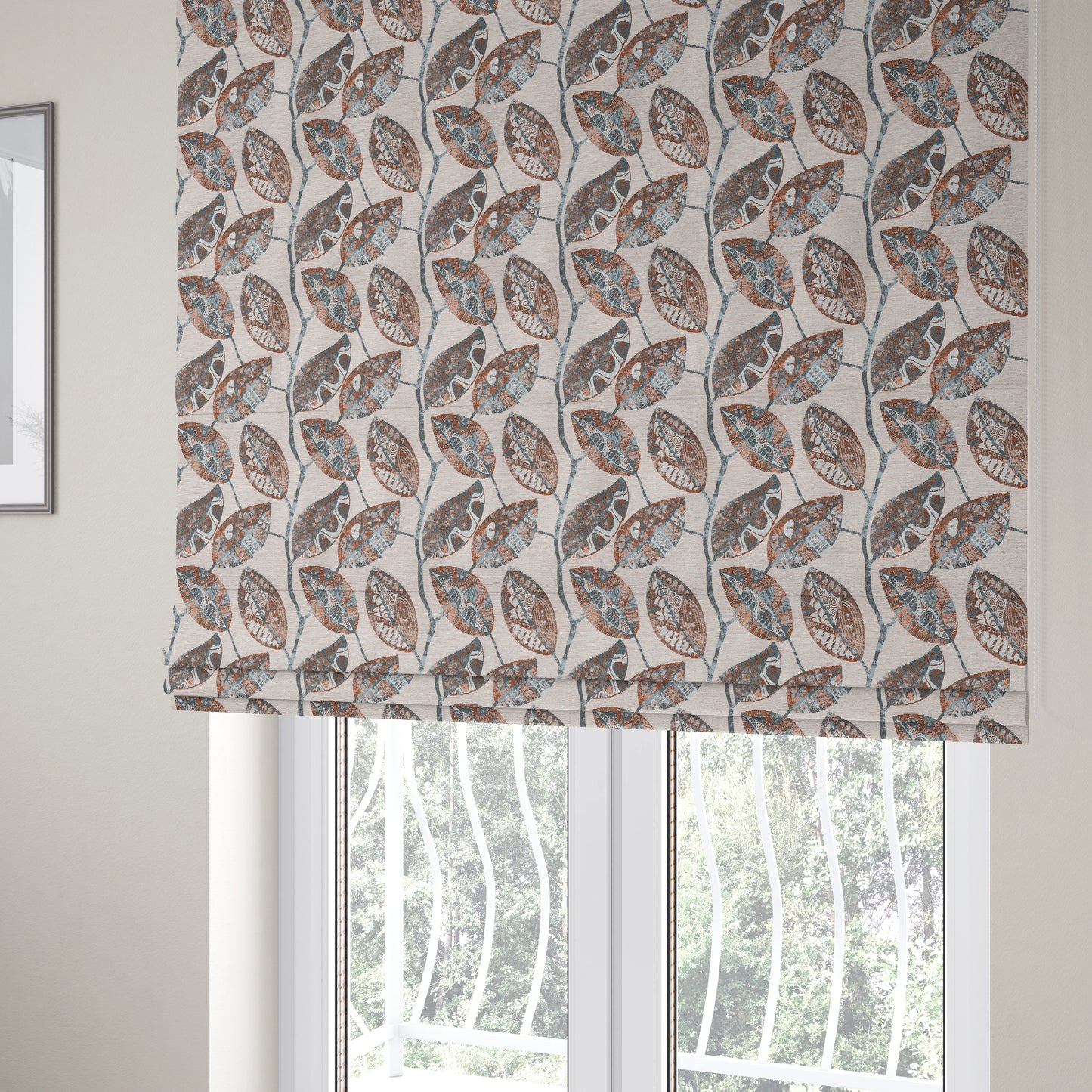 Beige Blue Orange Coloured Floral Inspired Leaf Design Soft Chenille Upholstery Fabric JO-45 - Roman Blinds