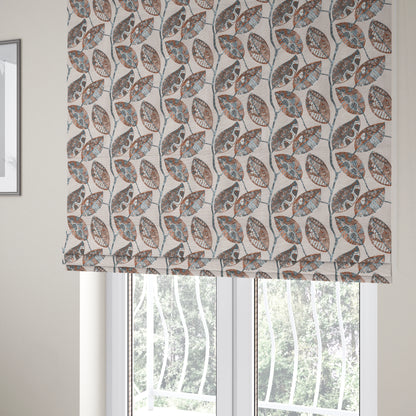 Beige Blue Orange Coloured Floral Inspired Leaf Design Soft Chenille Upholstery Fabric JO-45 - Roman Blinds