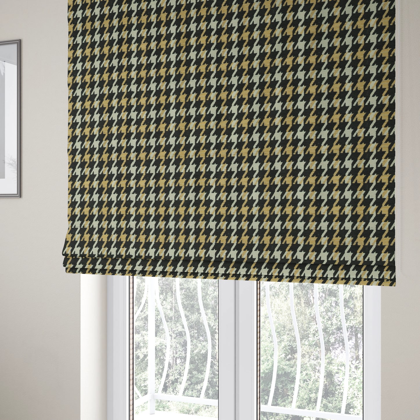 Boxer Houndstooth Pattern In Black Beige Colour Woven Soft Chenille Upholstery Fabric JO-454 - Roman Blinds