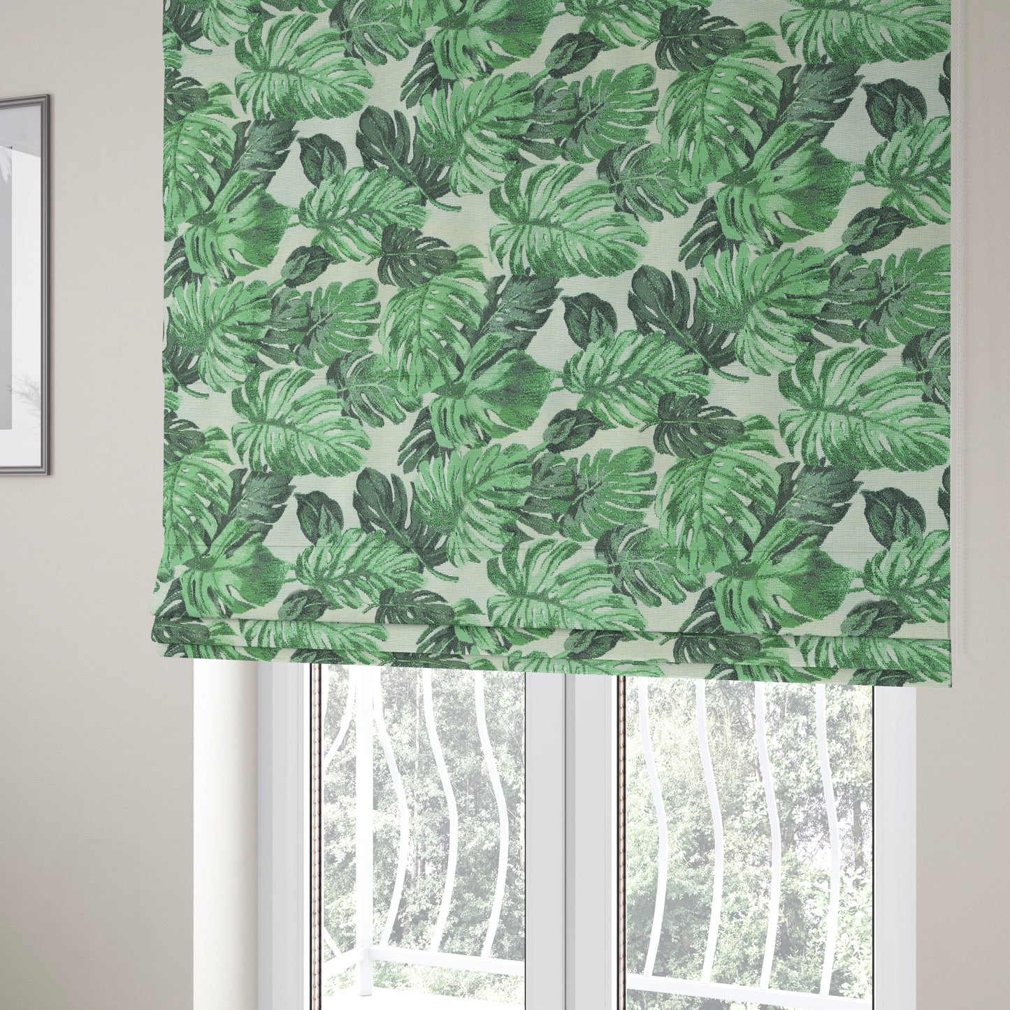 Fantasque Leaf Inspired Pattern White Green Colour Chenille Fabric JO-462 - Roman Blinds