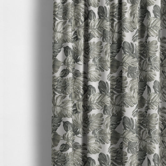 Fantasque Leaf Inspired Pattern White Grey Brown Colour Chenille Fabric JO-463 - Made To Measure Curtains