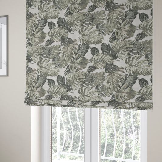 Fantasque Leaf Inspired Pattern White Grey Brown Colour Chenille Fabric JO-463 - Roman Blinds