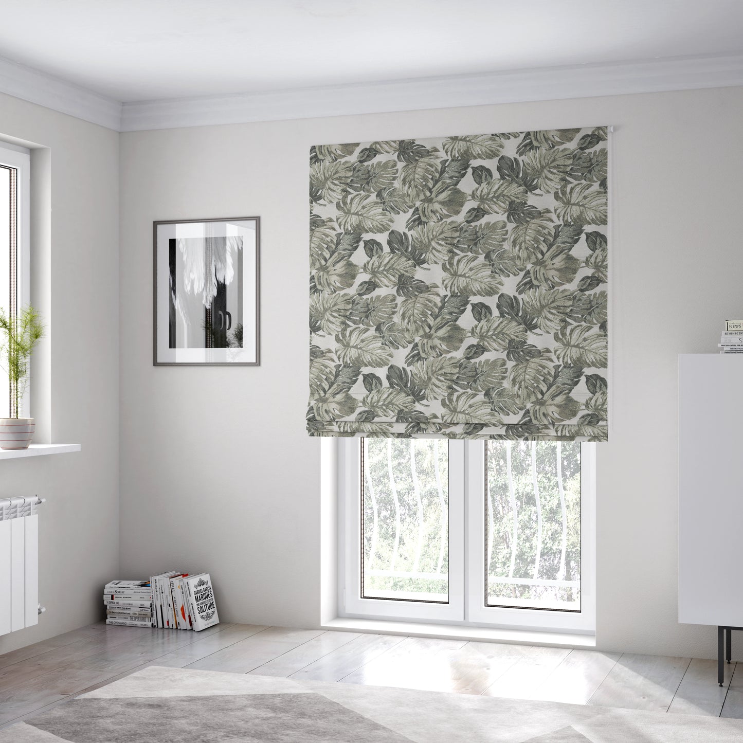 Fantasque Leaf Inspired Pattern White Grey Brown Colour Chenille Fabric JO-463 - Roman Blinds