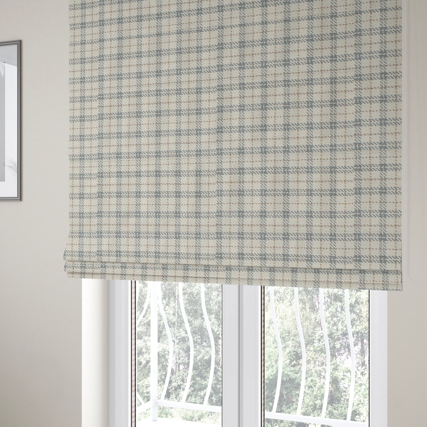 Quality Woven Jacquard Tartan Pattern Beige Grey Soft Cheniille Fabric JO-465 - Roman Blinds