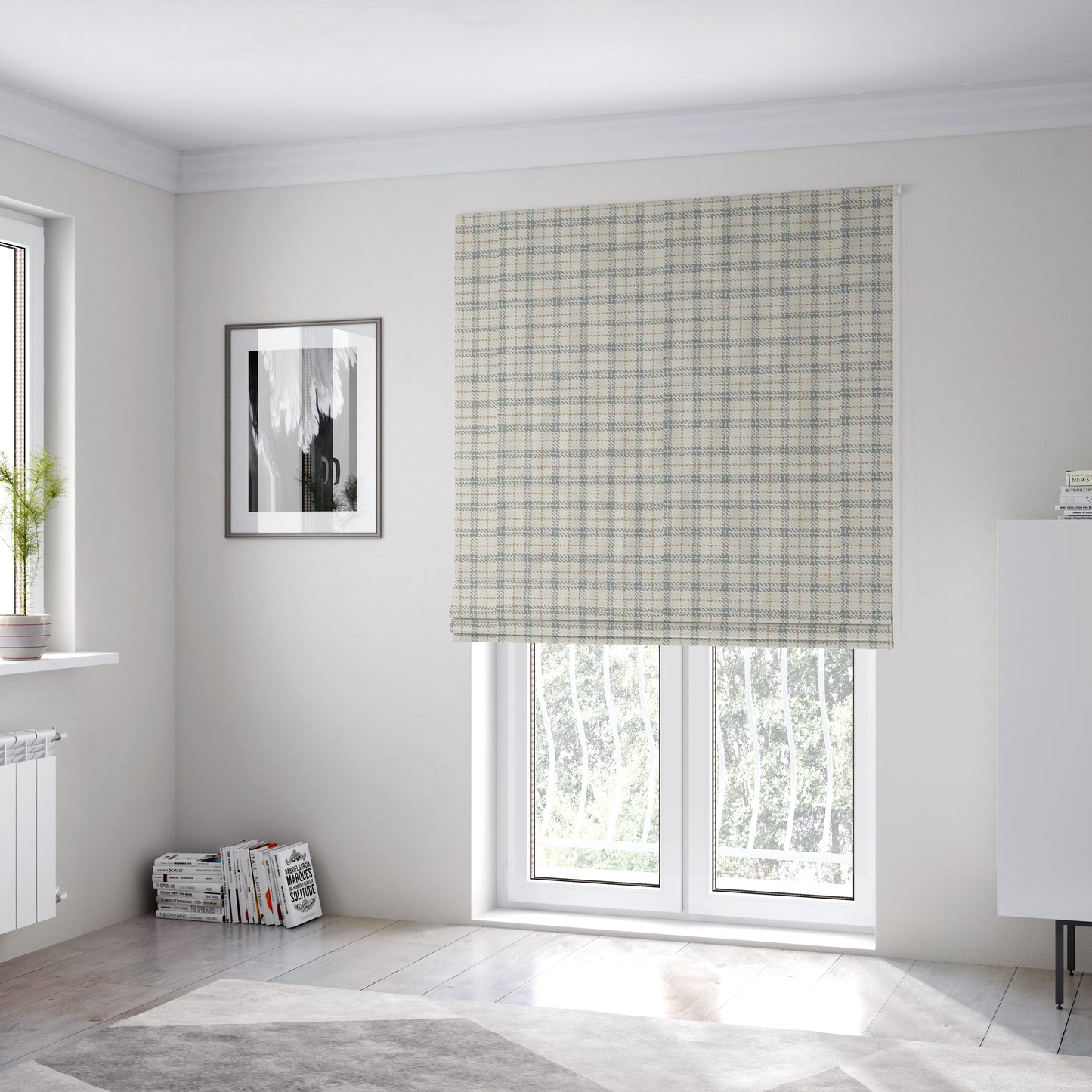 Quality Woven Jacquard Tartan Pattern Beige Grey Soft Cheniille Fabric JO-465 - Roman Blinds