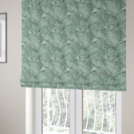 Fantasque Jungle Leaf Inspired Pattern White Green Colour Chenille Fabric JO-471 - Roman Blinds