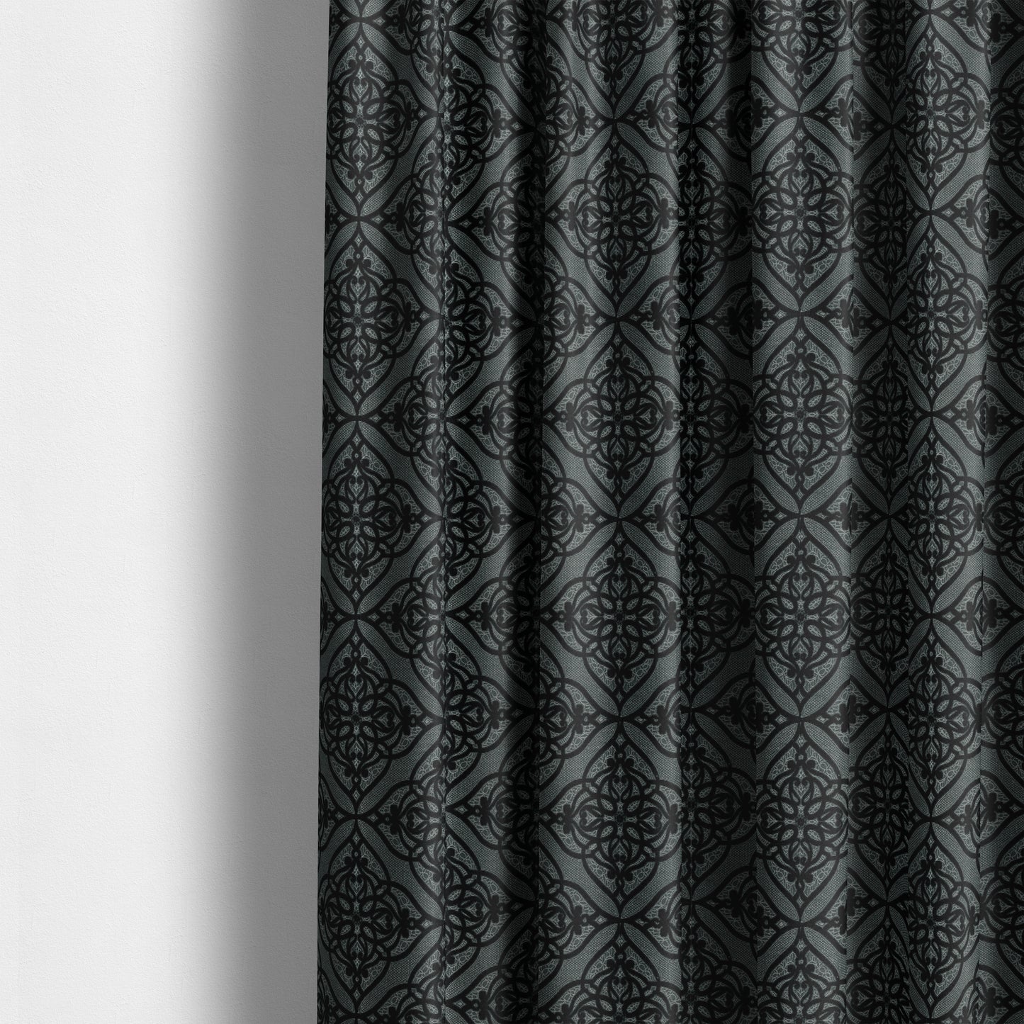 Vegas Black Silver Shine Effect Geometric Large Pattern Medallion Soft Chenille Upholstery Fabric JO-475 - Made To Measure Curtains