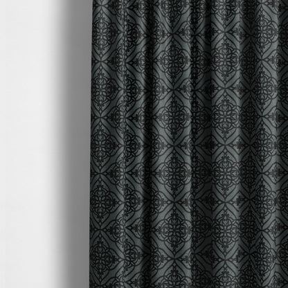 Vegas Black Silver Shine Effect Geometric Large Pattern Medallion Soft Chenille Upholstery Fabric JO-475 - Made To Measure Curtains